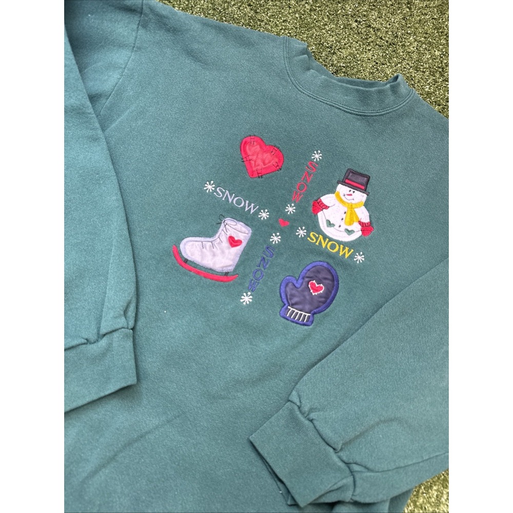 Vintage Willow Bay Green Holiday Sweatshirt Crewneck Snowman Skate Mitten Lg